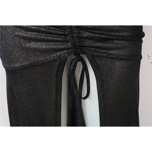 Womens Glitter Shirring Detailed Slit Cutout Maxi Dress Club Party Black Dress - Picture 10 of 11